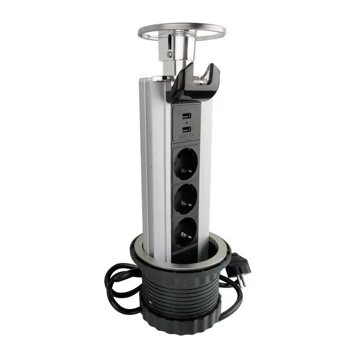 Namron Pop-Up strømsøyle med LED – 3 stikk og 2 USB