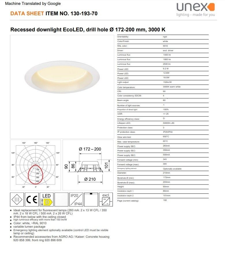 Unex EcoLed ø 210mm 3000k (inkl.trafo) - BRUKTEBYGGEVARER!