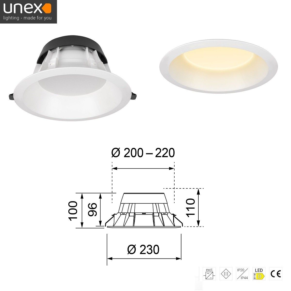 Unex EcoLed ø 210mm 3000k (inkl.trafo) - BRUKTEBYGGEVARER!
